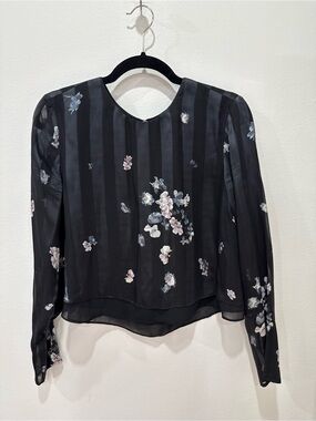 Club Monaco Silk Black Floral Long-Sleeve Blouse with Pink Accents